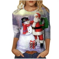 Božićne košulje za žene Slatka modna tiskana labava majica rukava bluza okrugli vrat casual vrhovi ljubičasti