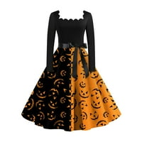 Cuhas Goth Halloween Crne haljine za žene Gothic Goth Print Flare Dugi rukav O-izrez Party Casual Yellow 1x