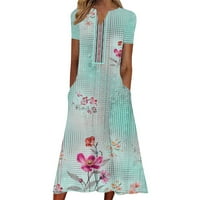 Žene ljetne haljine modni casual džep haljina s kratkim rukavima Tisak V-izrez za odmor na plaži Duga