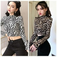 Korejska verzija Ženska Leopard Zebra Print Top Mali Visoki ovratnik Slim dugih rukava kratki gornji