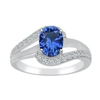 1. Carat ovalni simulirani plavi safir i bijeli prirodni dijamantski vrtložni prsten 14K čvrsto bijelo