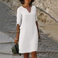 Tking modne ljetne haljine za žene žene V izrez casual modne čvrste boje rukave midi haljine bijele s