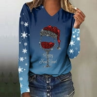 Ženske majice Božićni tiskani V-izrez Dugi rukav Sretan svijetli grafički grafički vrhovi Majice za
