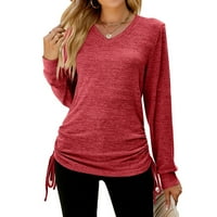 Scyoekwg Trendy dugih rukava s dugim rukavima za žene Fall odjeća lagana casual solid boja V-izrez navlaka za crtanje labavog uklanjanja bluza pulover crveni m