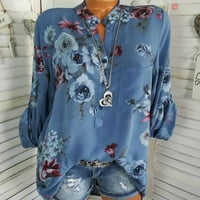 SOIGHEXZC dame Ljetni vrhovi i bluze uvijaju se dugih rukava plus veličina labava fit t džemper gumb lapel ovratnik casual cvjetni ispis bluze plava xl top košulja