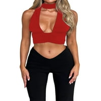 Žene seksi ruširani Halterneck V izrez Top bez rukava niski rez rezervoar Cami Backlex Slim Fit usjeva na vrhu ljetne majice prsluk