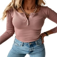Paille Women Majica Solid Boja majica V izrez Tee Slim Fit Long rukava Dnevna odjeća Pulover Pink 2XL