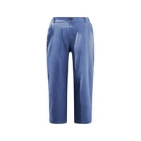 Posteljine hlače za žene Visoko struk široki noga Capris Ljetni casual gumb Elastični struk obrezane pantalone s džepovima
