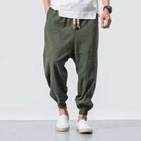 Muške pamučne posteljine čvrste elastične strugove casual pantalona nacrtaju sredinu hlače sa džepovima