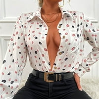 Jesenska povremena ženska majica ženske casual v izrez valjana rukava s rukavima za ispis majica spuštene bluze vrhovi