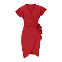 Clearsance Ljetne haljine za žene kratki rukav omotajte duljinu koljena modna čvrsta V-izrez haljina