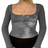 Ženski proljetni dugih rukava Slim obrezana majica Čvrsta boja kvadratni vrat Ležerne bajke Grunge Basic