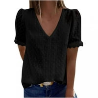 Loyisvidion ženske ležerne čvrste vrhove kratkih rukava V-izrez čipka majica bluza crna 12