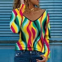 Zlekejiko Ženska Geometrija boja Ispisana Torp Majica Dugi rukav V-izrez Casual Fashion Majica Loose