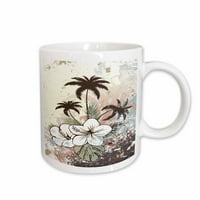 3drose bijela i duboka ljubičasta havajska cvijeća s palmama protiv grunge pozadine - keramička krigla,