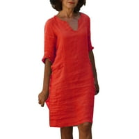 Ljetne haljine pamučne posteljine kratkih rukava za odmor casual v izrez čvrsta boja mini haljina