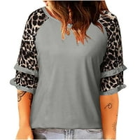 Žene pada modne bluze trendi labavi fit casual majice Tunika Leopard patchwork poluokolica okrugli vrat Loose vrhovi sive l