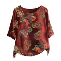 Ženska pamučna posteljina labava bluza Dressy okrugli vrat košulje Trendy cvjetni tiskani tines ljetni