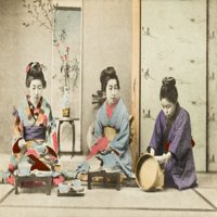 Tri djevojke Geisha jedu obrok za postera Print Mary Evans Grenville Collins Collection