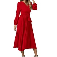 Haljine za žene Žensko ljeto Tanak naletirani remen dugi rukav V-izrez A-line haljina crvena l