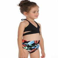 Porodično podudaranje kupaćih kupaćih, čvrstih boja V-izrez bikini vrhovi + list tisak Visoko struk