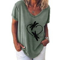 Štednja Ženske košulje za Valentinovo Dragonfly Heart Print The Womens Ugodno labava bluza V-izrez Ljubitelji