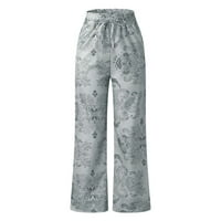 Žene ležerne pantalone za ispis nacrtajući elastični struk udobne pantalone s džepovima Grey XXXL