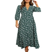 Nituyy Ženska rukava Maxi haljina s gumbom za cvjetna haljina za print V-izrez casual haljina s visokim