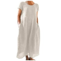 Cuoff ženska ljetna modna casual solid boja O-izrez kratki rukav labav džep pamuk posteljina haljina