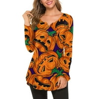 HHEI_K Staklene majice za dugih rukava za ženska modna casual dugača dugih rukava za Halloween Ispis pulover okruglog vrata