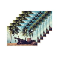 Gusarski topov i bačve na tropskoj plaži sa palminim drvećem Placemats Mats za trpezariju Kuhinjski