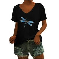 USMIXI slatki vrhovi za žene Dragonfly Print V-izrez kratkih rukava s kratkim rukavima Summer Fashion