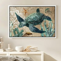 PIXONSINGIGN Framed Platnes Print Wall Art Gornji pogled na kornjače i meduze Životinje Ocean Ilustracije
