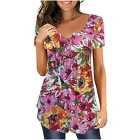 Ženske casual vrhove V-izrez Sakrij trbuh kratkih rukava majice Slatka cvijeća tunika bluze cvjetne tiskane majice