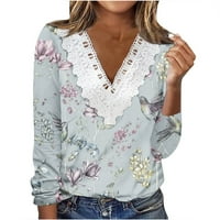Žene klasični fit cvjetni print TOP i bluza Crochet čipke V majice na vratu Stretchy Lable Tunic Tees Light Blue XL