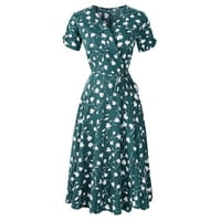 Clearsance Ljetne haljine za žene kratki rukav A-linijski dužina koljena boemska zabava cvjetna V-izrez