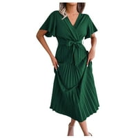 Ženske oblače čvrsti V-izrez A-line maxi casual s kratkim rukavom Ljetna haljina tamnozelena l