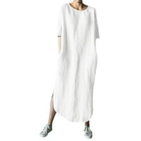 Ženske haljine modne žene od pamučne i posteljine dugih rukava O-izrez preklopna haljina bijela-xxxxxl