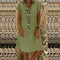 Ženska posteljina haljina labava V-izrez s kratkim rukavima midi haljina Ljetna casual vintage sunders