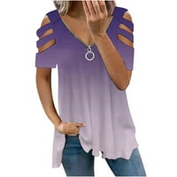 Fartey ženske hladne ramene mastirane gradijentni tisak Zip up v bluze izreza Tunika Ležerne prilike