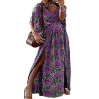 Žene duge haljine kratki rukav Summer Beach Sundress cvjetni print Maxi haljine Havajski putnik Purple