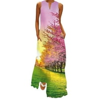 Ženske ležerne haljine bez rukava Print V izrez Maxi Labava haljina Boho Beach Dug Senders sa džepovima