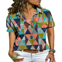 Hait ženski džepni gumb down TEE labav bluza s kratkim rukavima Office rever izrez Geometrijski print