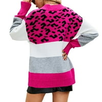 Vruće žene bojablock V izrez dugi rukav pulover Leopard pleteni džemper Duks s pulover vrućim ružičastim