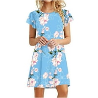 Ljetne haljine za žensko štampanje s kratkim rukavima s cvjetnim uzorkama okrugla izrez ruffle midi