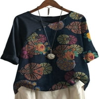 Ženska plus veličina Retro bluza kratki rukav savezni cvjetni tiskani vintage gumb pamuk i posteljina vrhunska majica
