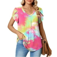 Women's Casual Loose Elegant Tunic Blouse Clearance V Neck Vintage Lady Work Blouses Short Sleeve Western Shirts Summer Tops Woman Flora Printed Tie Dye Dressy Hot Pink L