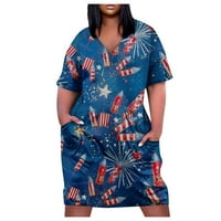 Yubatuo Dan nezavisnosti Ležerne prilike plus veličina Ispiši labave haljine za žene V izrez kratki