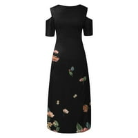 Ljetne haljine za žene kratki rukav A-line srednjeg boemskog kluba s okruglim dekoltenom haljinom crne