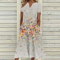 Ženska plus veličina haljina s kratkim rukavima V izrez A-line tunika haljina Ljetna cvjetna plaža